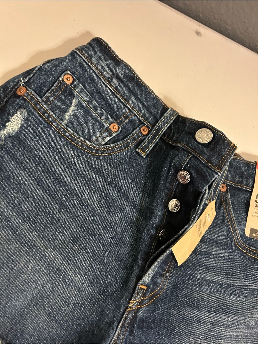 Levi's Dark Blue Distressed High-Rise Denim Shorts - Picture 2 of 4